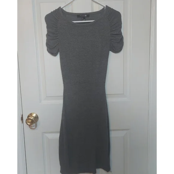 Forever 21 | Dresses | Forever 2 Grey Bodycon Midi Length Waffle Knit  Fitted Dress Puff Sleeves Size S | Poshmark